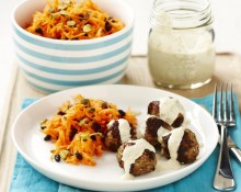 Middle Eastern Lamb Meatballs with Chickpea Yoghurt and Carrot Salad