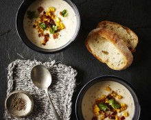 Hot Yoghurt Soup with Corn, Bacon and Coriander