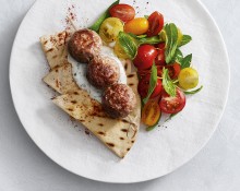 Turkey Kebabs with flatbread and mixed tomato and mint salad with fresh lemon