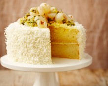 Coconut Lime Cake with Lime Curd and Cream Cheese Frosting, Lychees and Passion Fruit