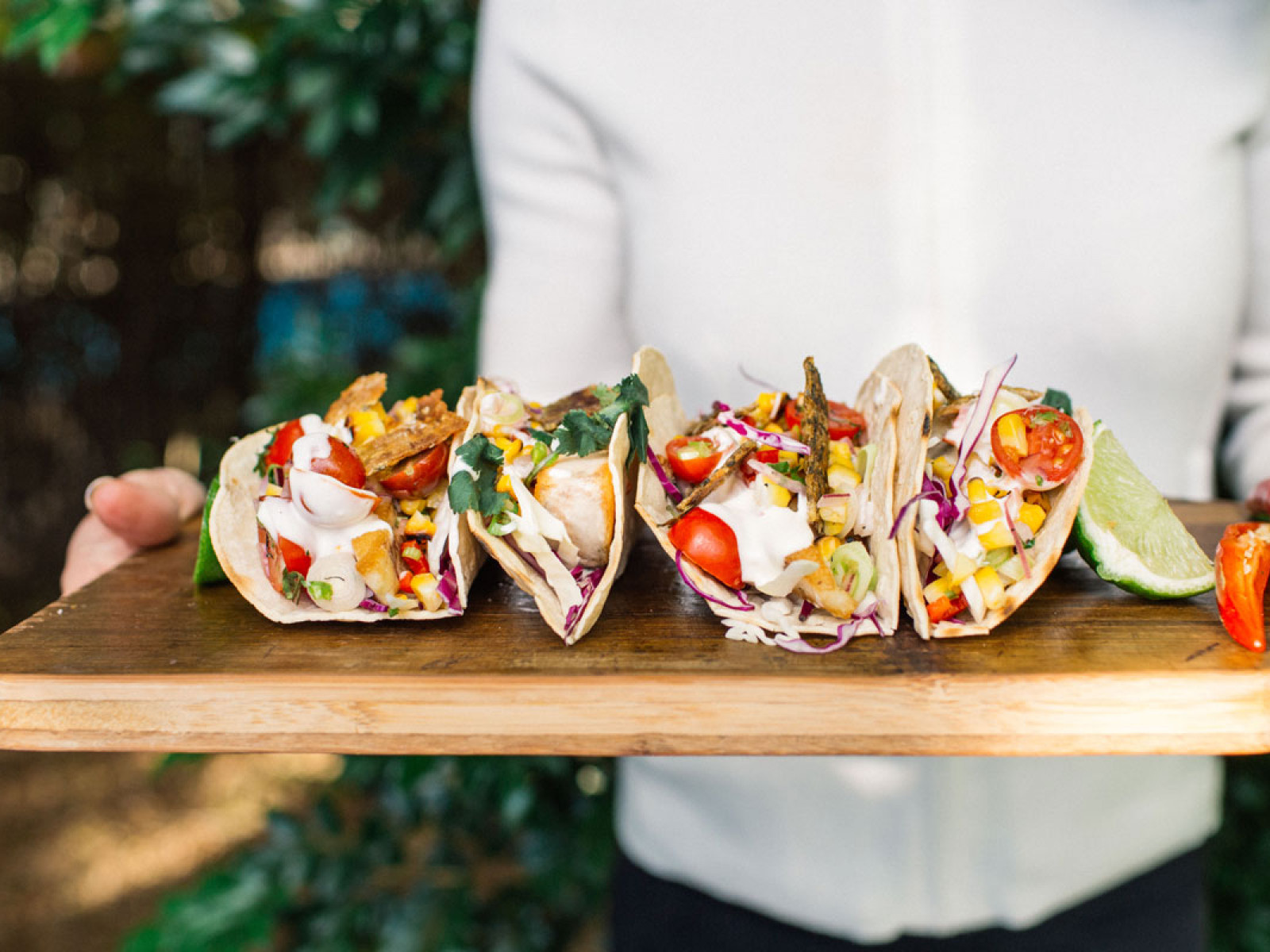 Barramundi Tacos with Rainbow Slaw and Salsa