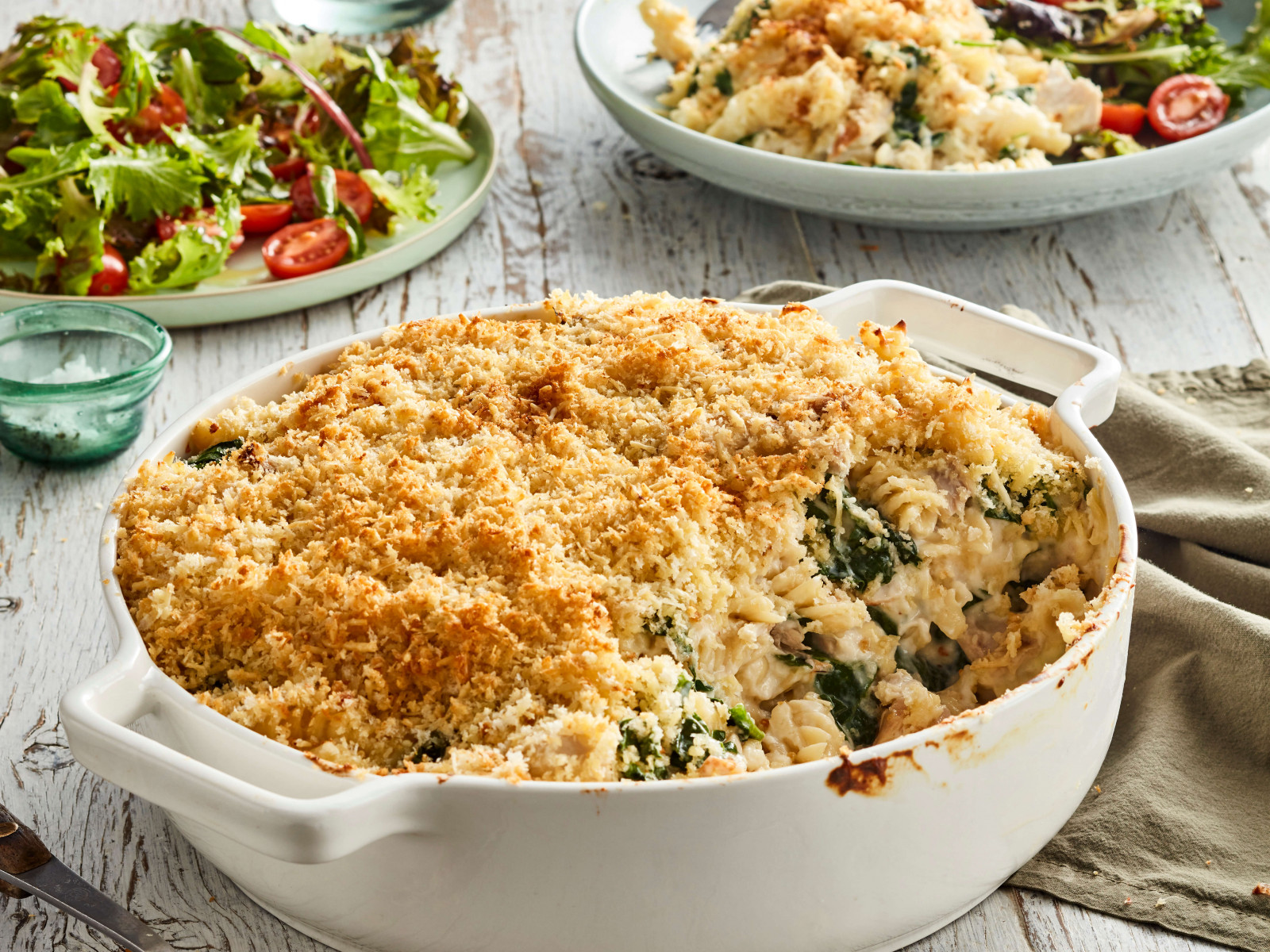 Chicken and Spinach Pasta Bake with Parmesan Crumbs Recipe | myfoodbook