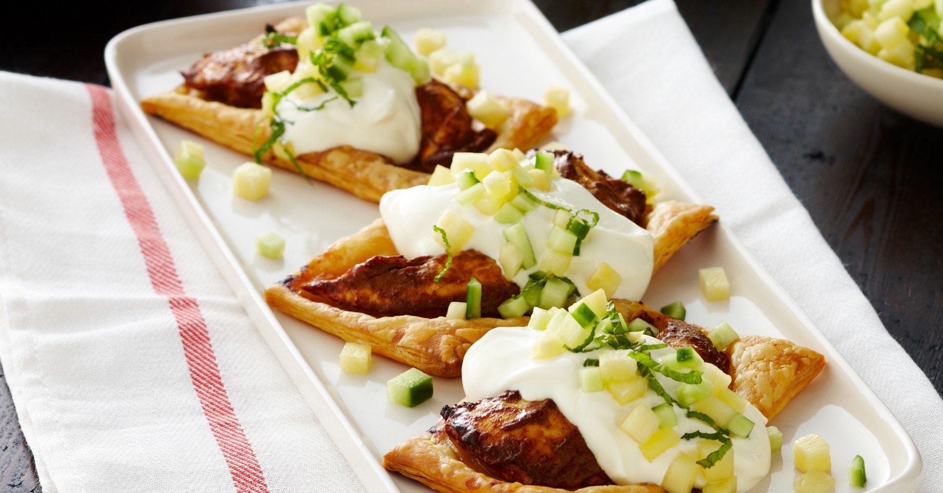 Tandoori spiced chicken tarts with pineapple and cucumber salsa Recipe | myfoodbook