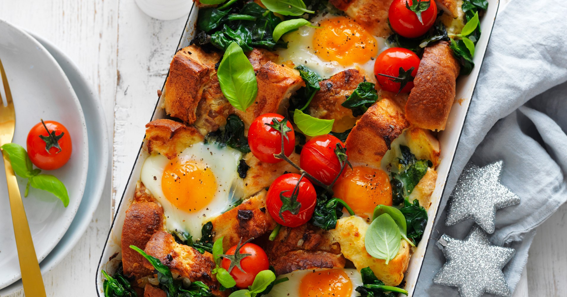 Cheesy Breakfast Strata with Roast Cherry Tomatoes Recipe | myfoodbook