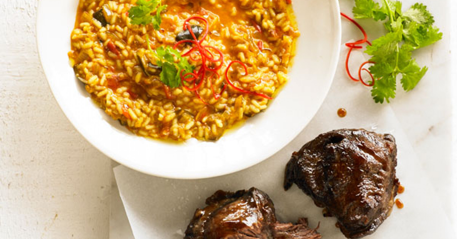 Beef Cheek Risotto with Persian Eggplant Relish Recipe | myfoodbook