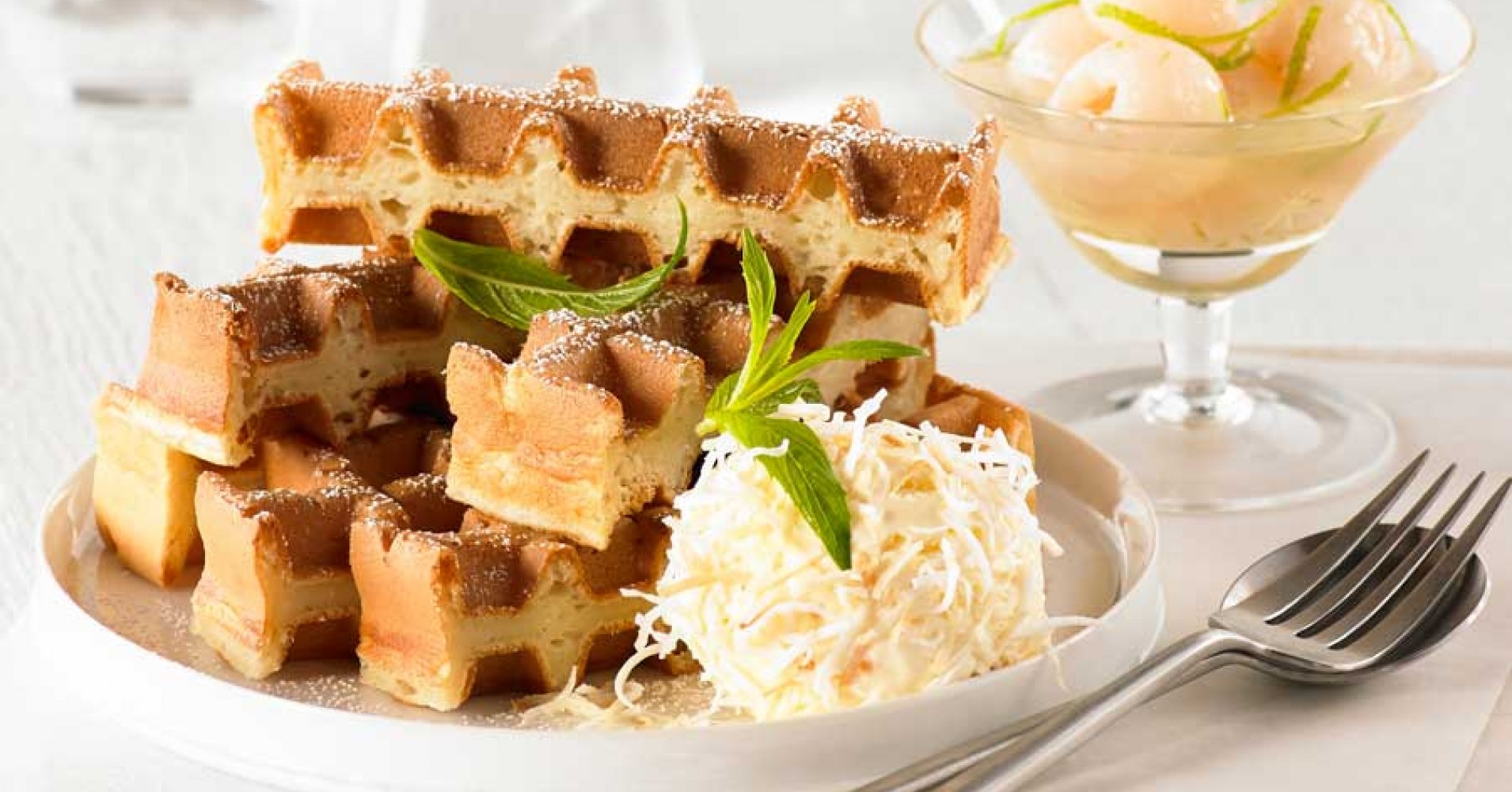 Coconut, Lime Zest and Lychee Syrup Waffle Recipe | myfoodbook