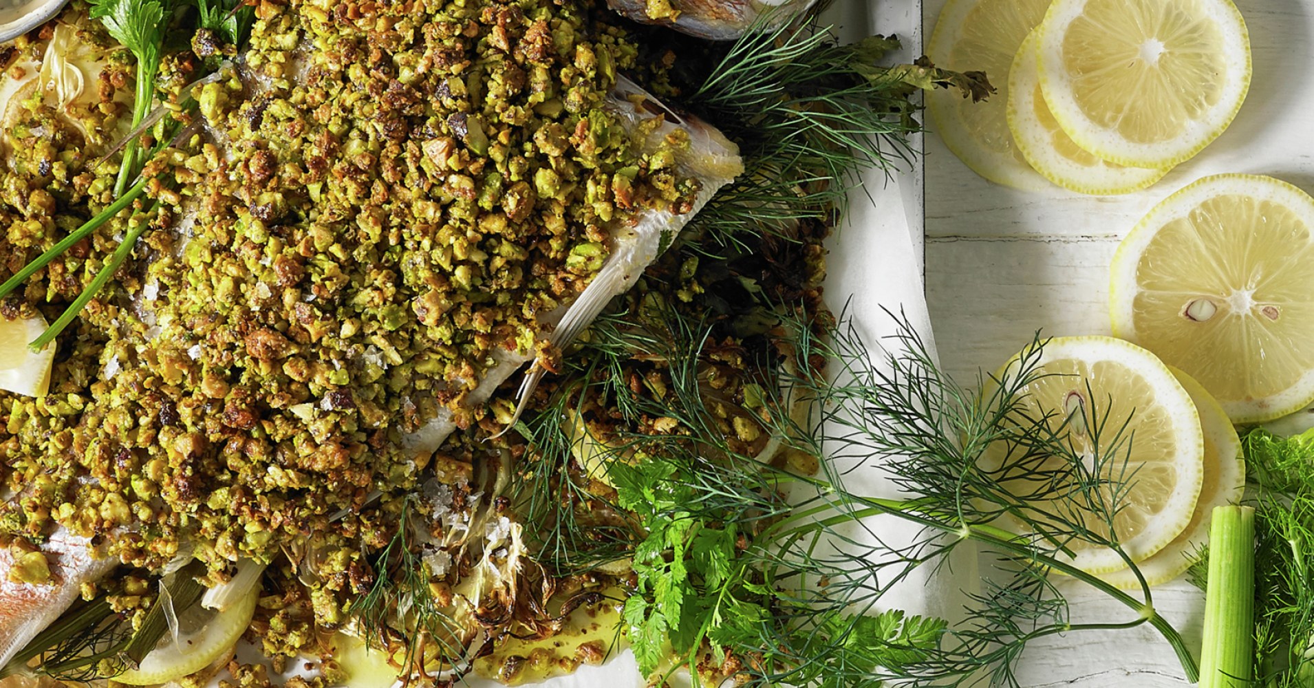 Baked Snapper with Fennel and Pistachio Crust Recipe | myfoodbook