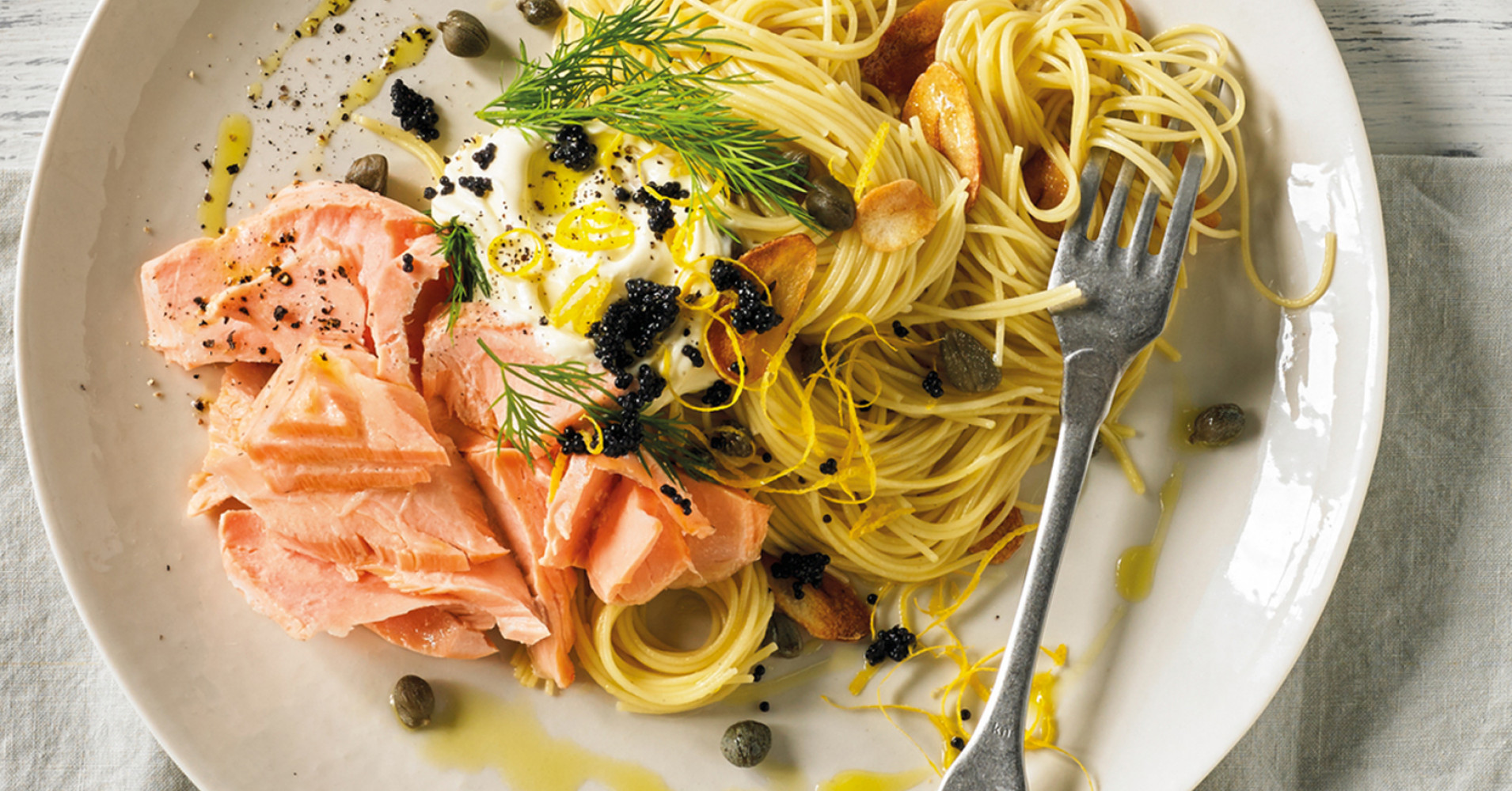 Sous Vide Salmon with Pasta, Crispy Garlic and Lemon Sauce Recipe | myfoodbook | Breville One Precis