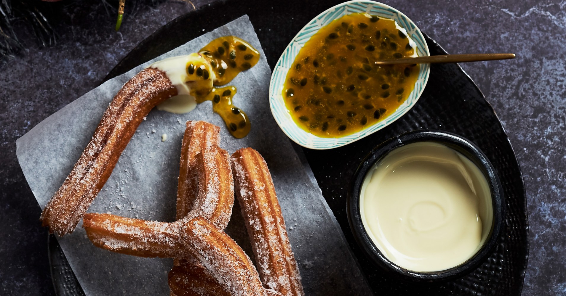 Tropical Churros with Passionfruit Sauce Recipe | myfoodbook