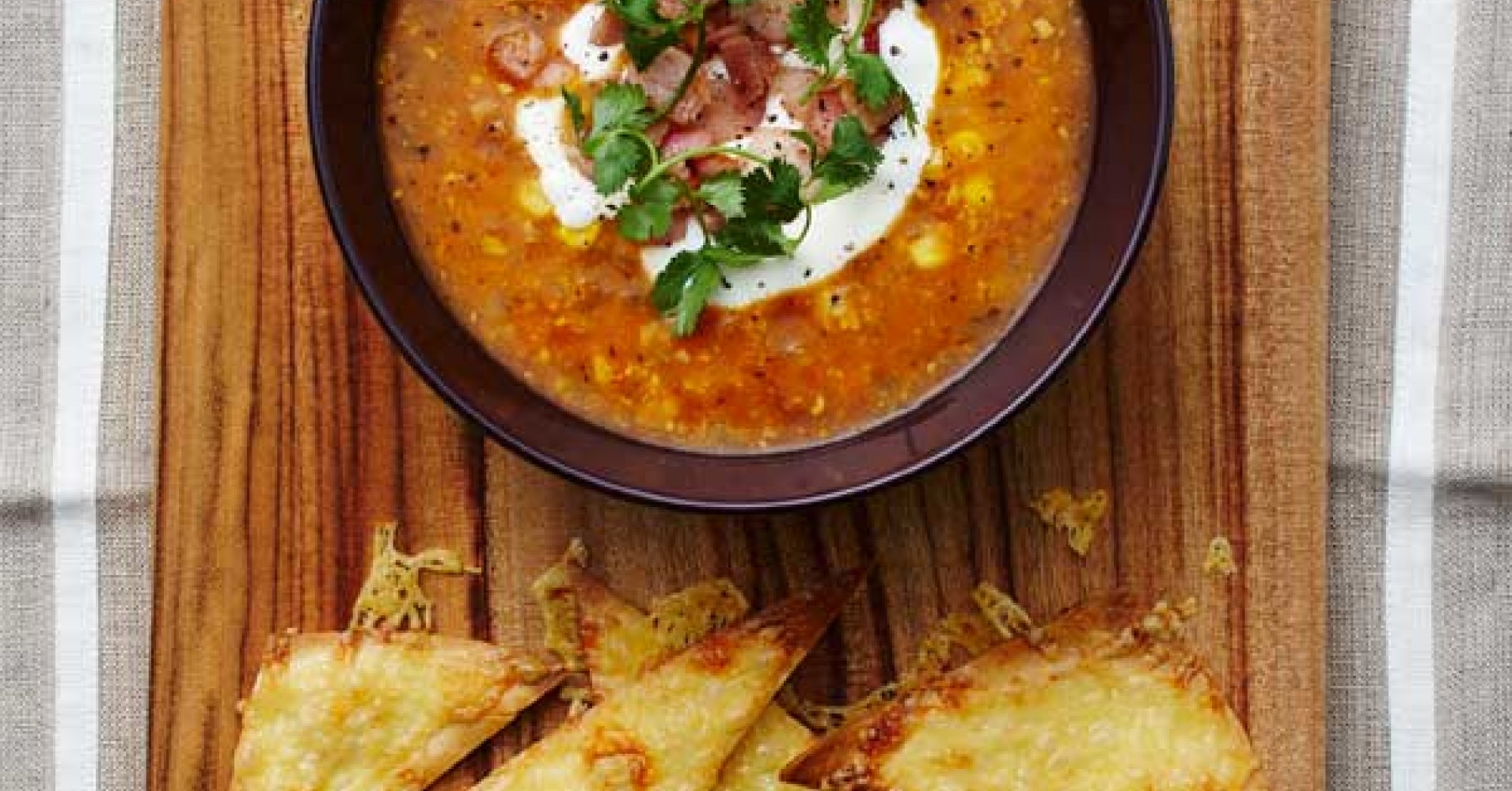 Mexican Tomato and Corn Soup with Tortilla Cheese Chips Recipe | myfoodbook