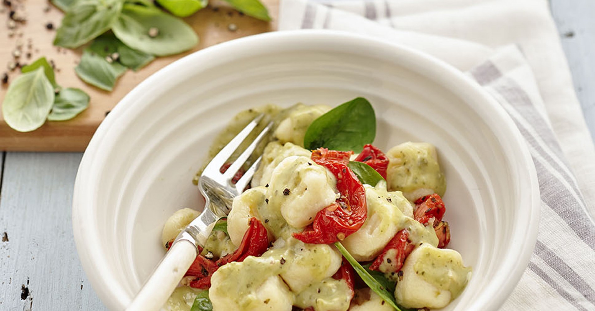 Gnocchi with Creamy Three Cheese and Pesto Sauce Recipe | myfoodbook
