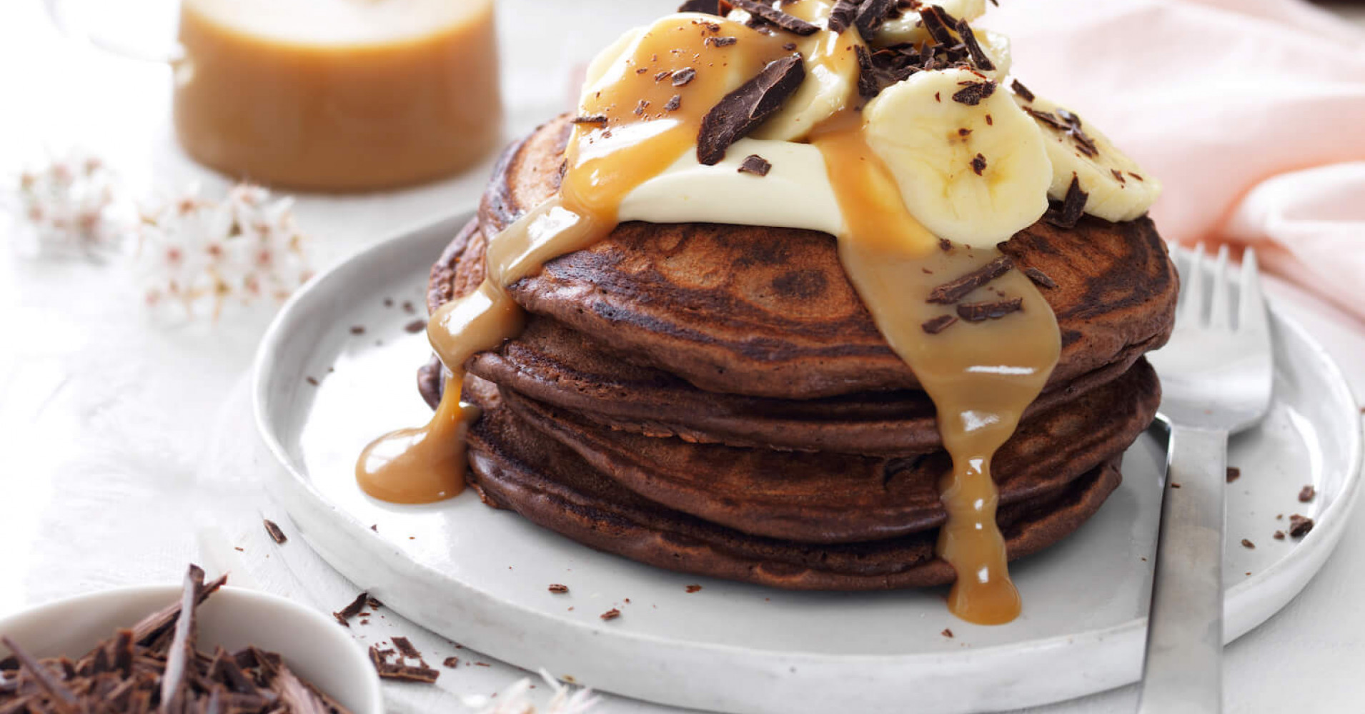 Double Choc Pancakes with Peanut Butter Sauce Recipe | myfoodbook
