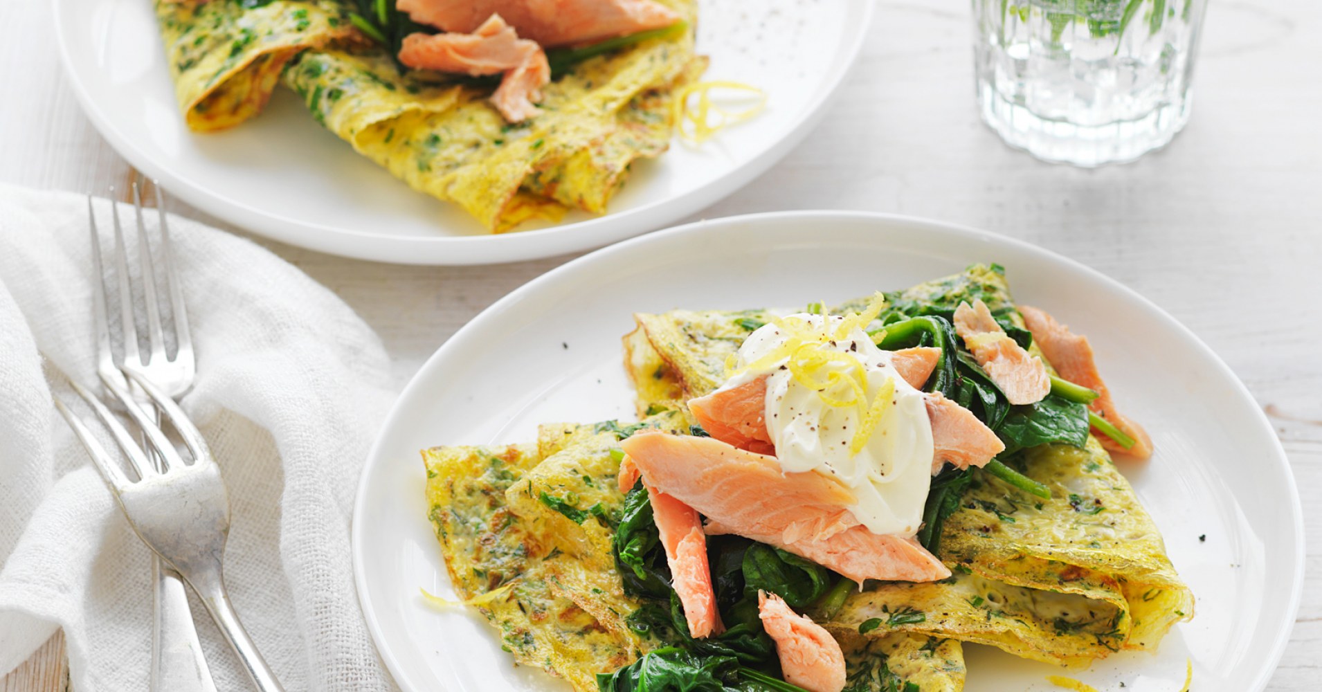 Herb Omelettes with Wilted Spinach and Smoked Fish Recipe | myfoodbook