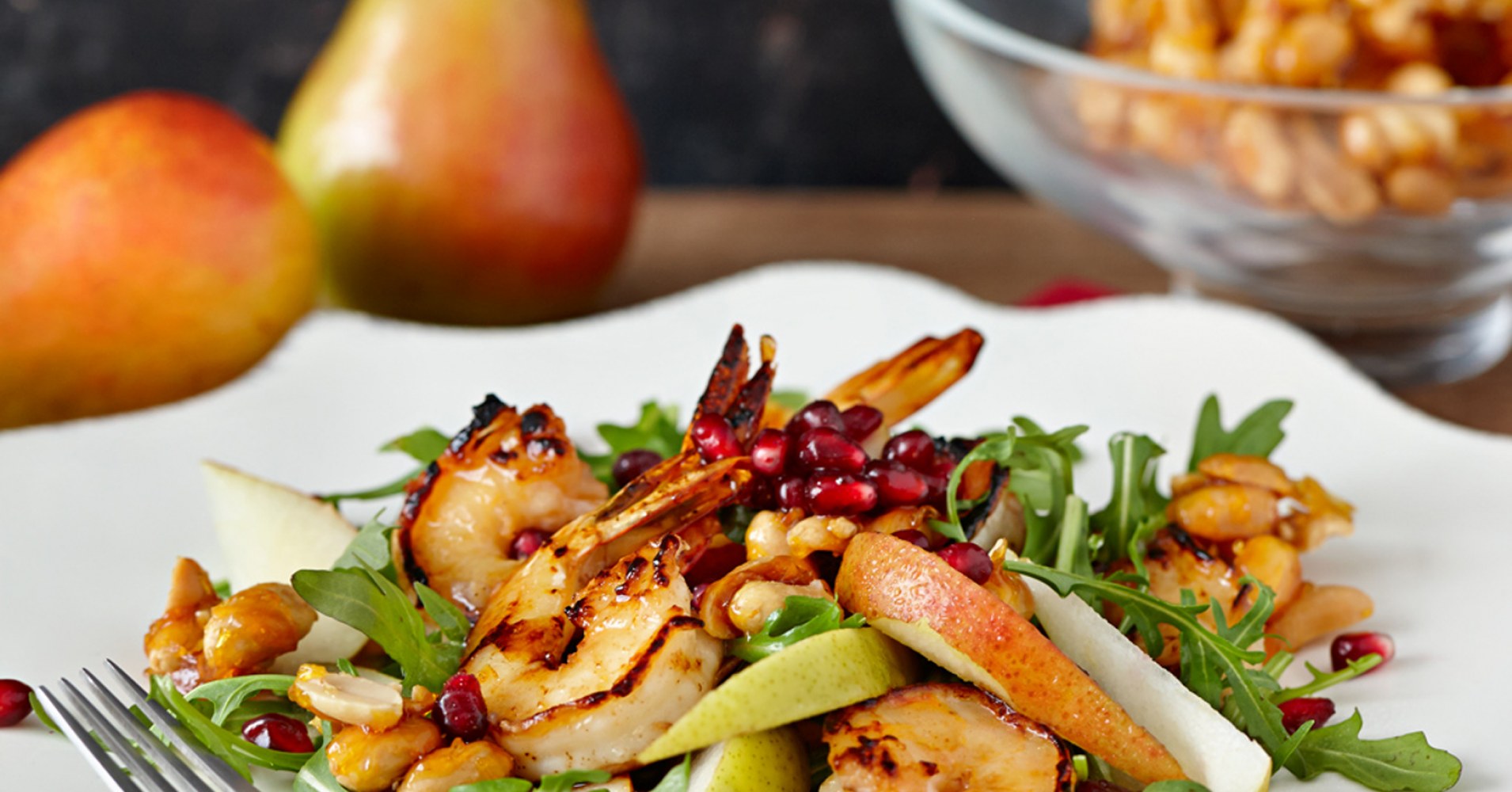 Prawn and Pomegranate Salad with Candied Peanuts Recipe | myfoodbook