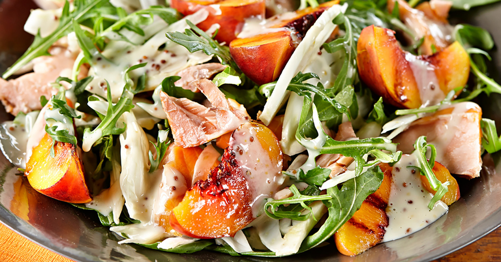 Grilled Peaches with Hot Smoked Salmon, Rocket and Fennel Recipe | myfoodbook