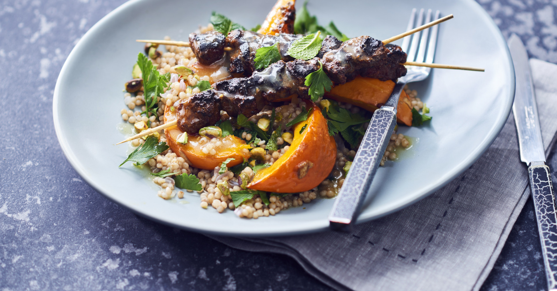 Roasted Pumpkin and Couscous Salad with Lamb Skewers Recipe | myfoodbook | How to make lamb skewers