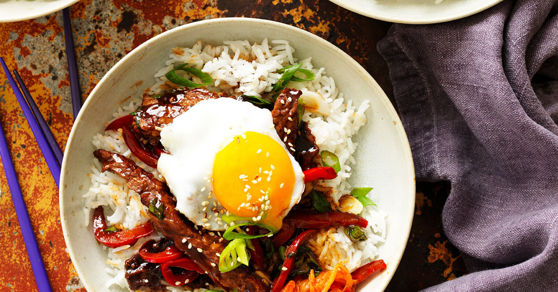 Korean BBQ beef bowl with kimchi and fried egg Recipe | myfoodbook