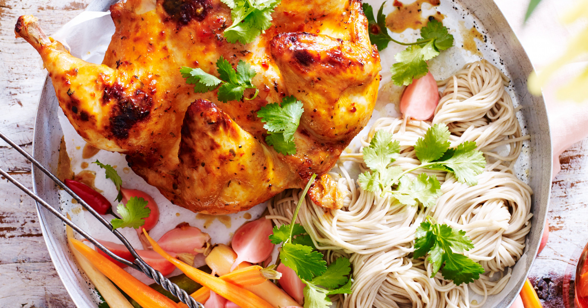 Chilli Coriander Split Chicken with Pickled Vegetables and Soba Noodles Recipe | myfoodbook | Health
