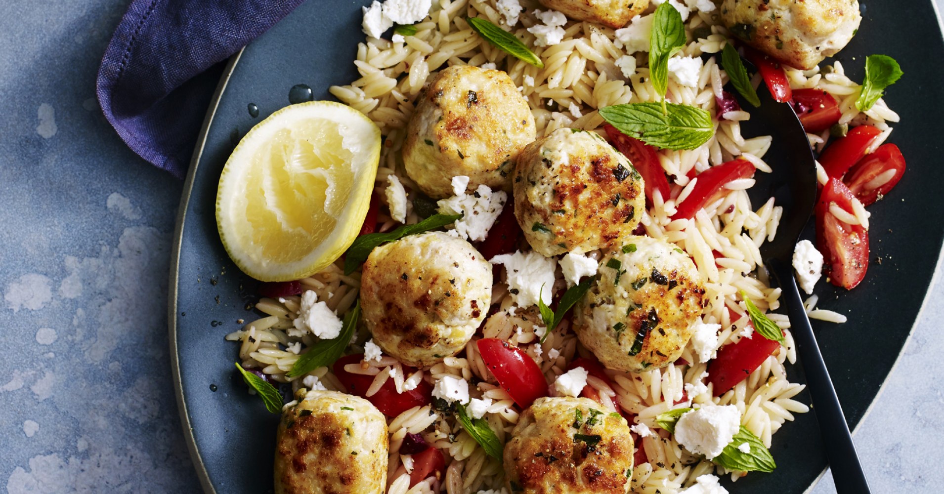 Greek Chicken Meatballs and Pasta Warm Salad Recipe | myfoodbook