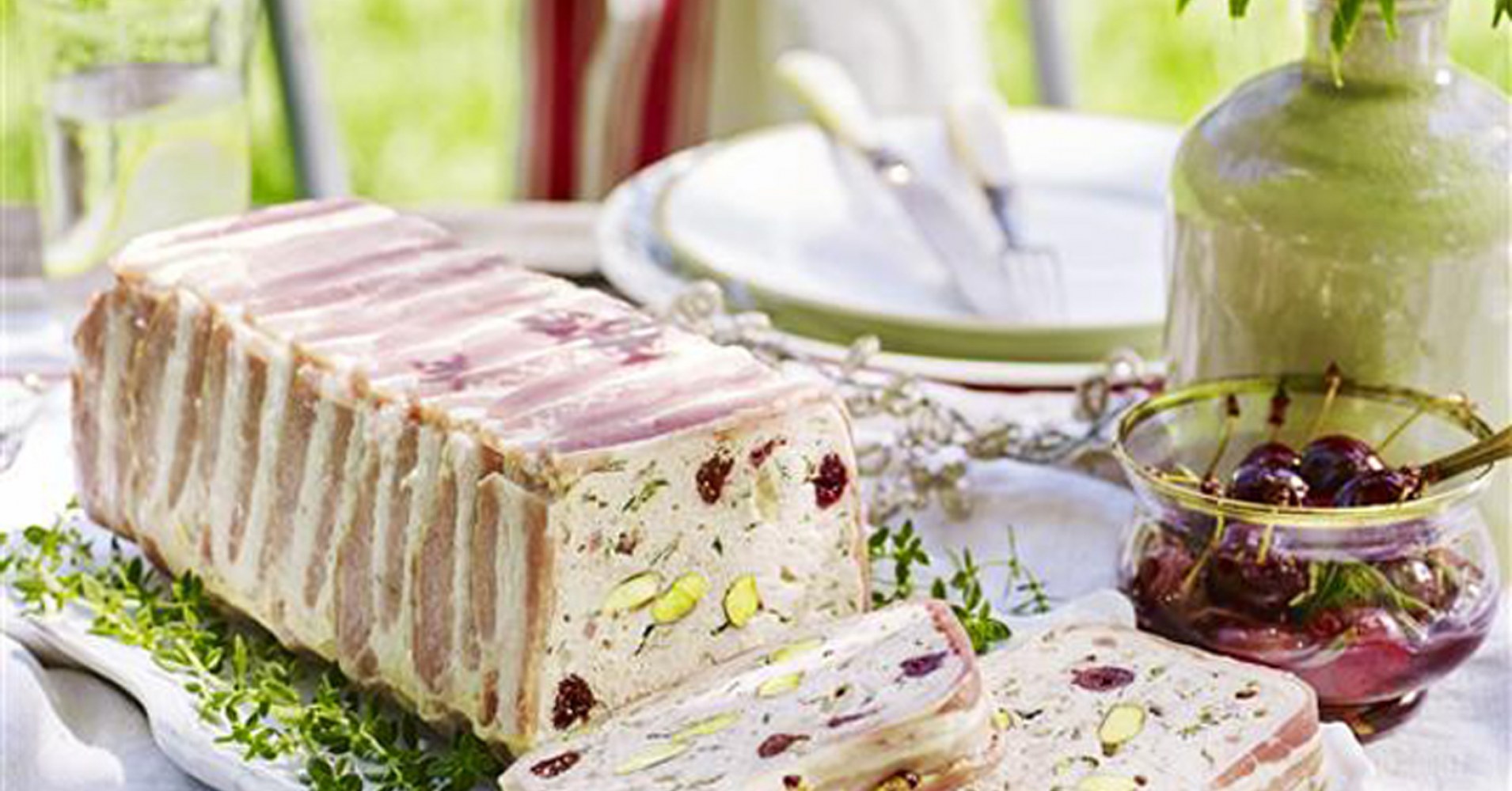Chicken Pistachio and Cranberry Terrine with Pickled Cherries Recipe | myfoodbook | How to make chic