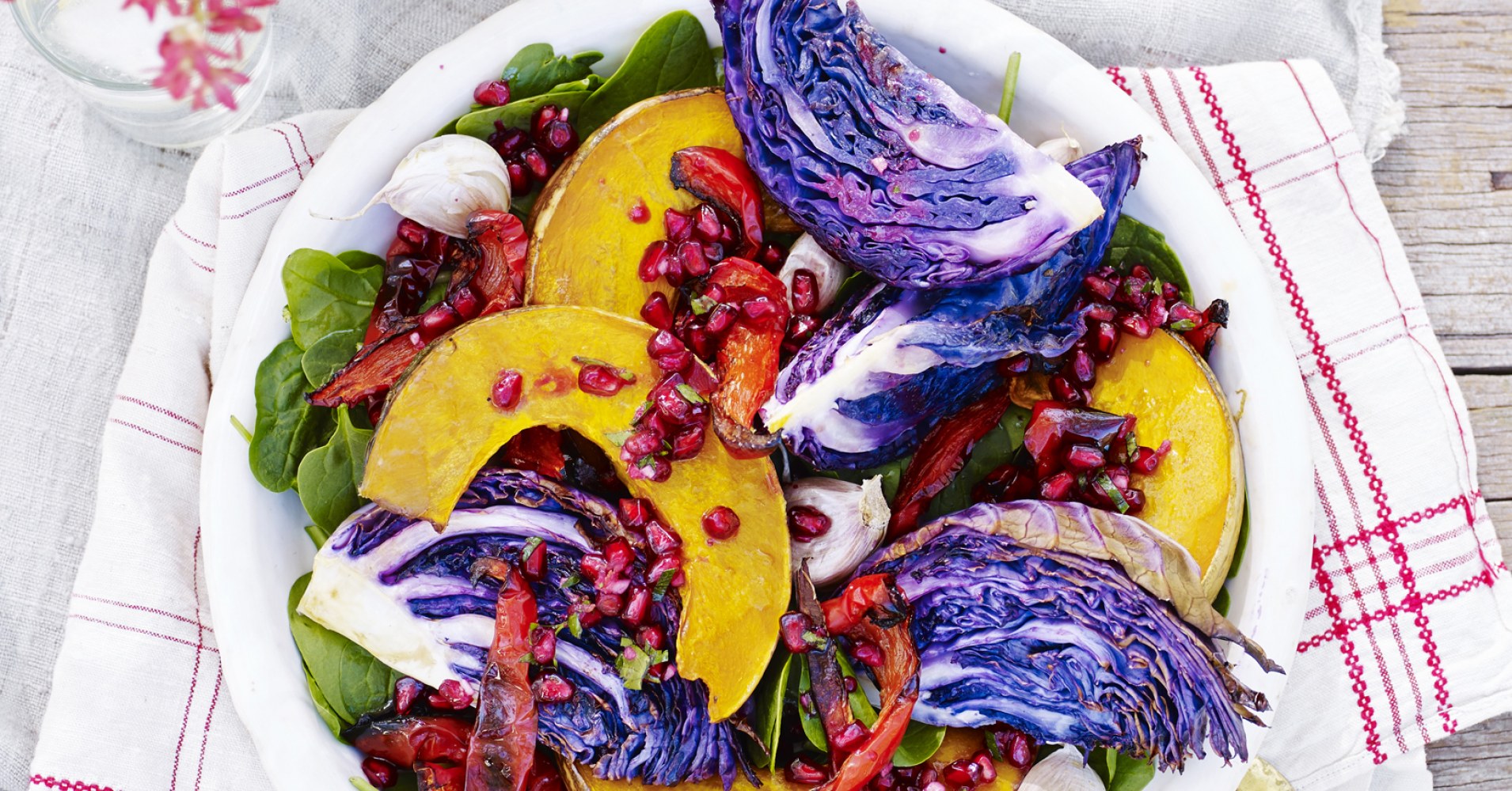 Roasted Red Cabbage and Pumpkin Wedges with Gremolata and Pomegranate Dressing Recipe | myfoodbook