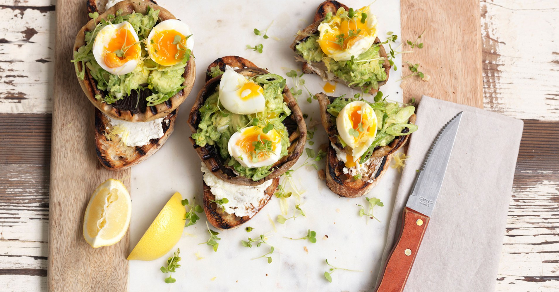 Grilled Mushroom Bruschetta with Avocado and Soft-Boiled Egg Recipe | myfoodbook