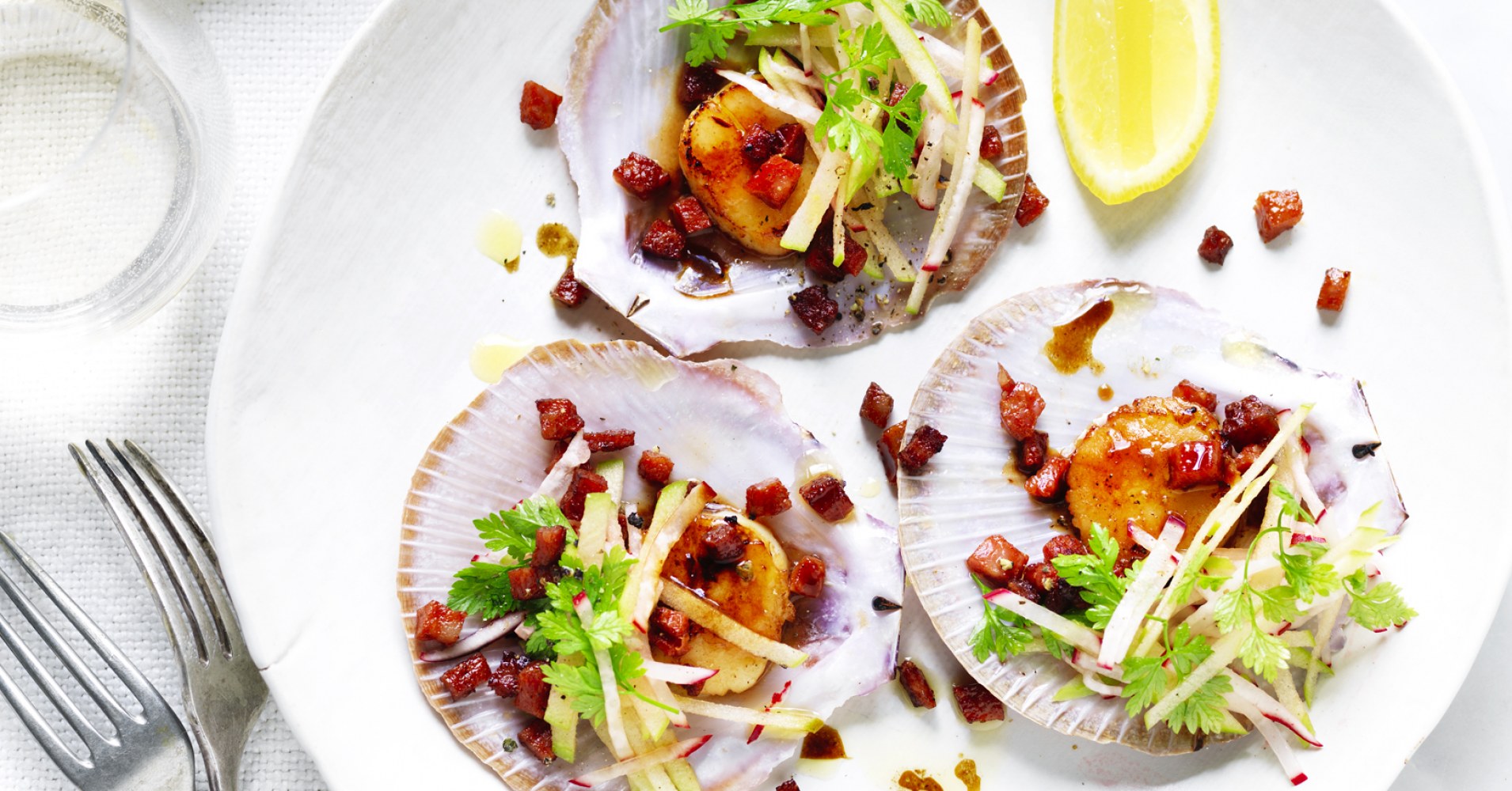 Scallops With Chorizo and Apple Slaw Recipe | myfoodbook