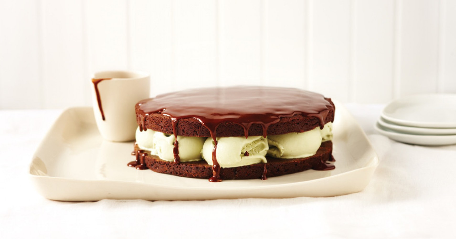 Chocolate and Pistachio Ice Cream Cake with Hot Chocolate Sauce Recipe | myfoodbook