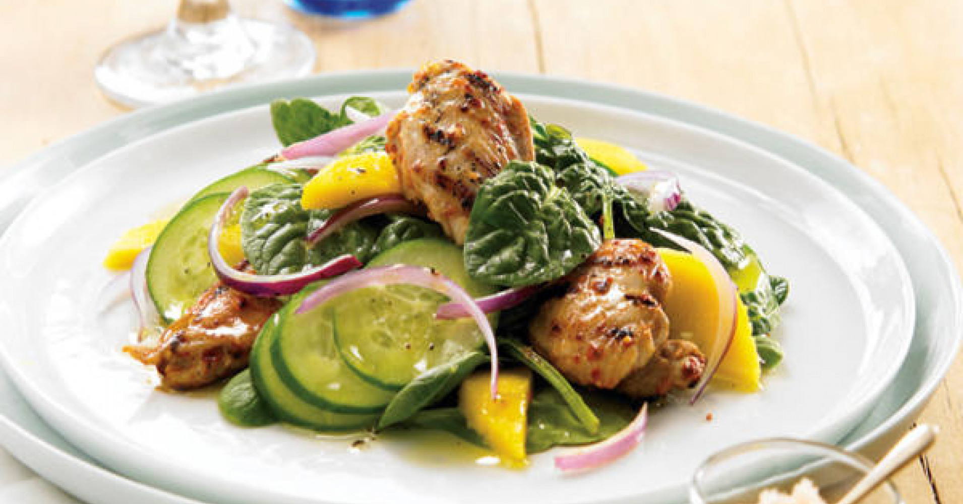 Barbecued Portuguese Quail with Baby Spinach and Mango Salad Recipe | myfoodbook