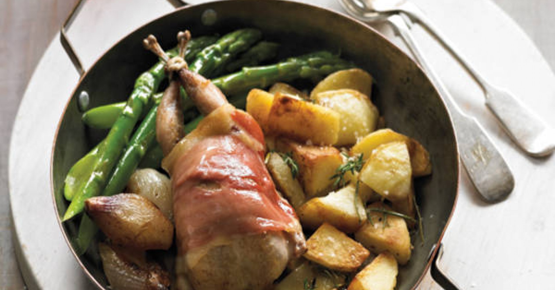 Quail Wrapped In Proscuitto with Caramelised Golden Shallots and Thyme Jus Recipe | myfoodbook