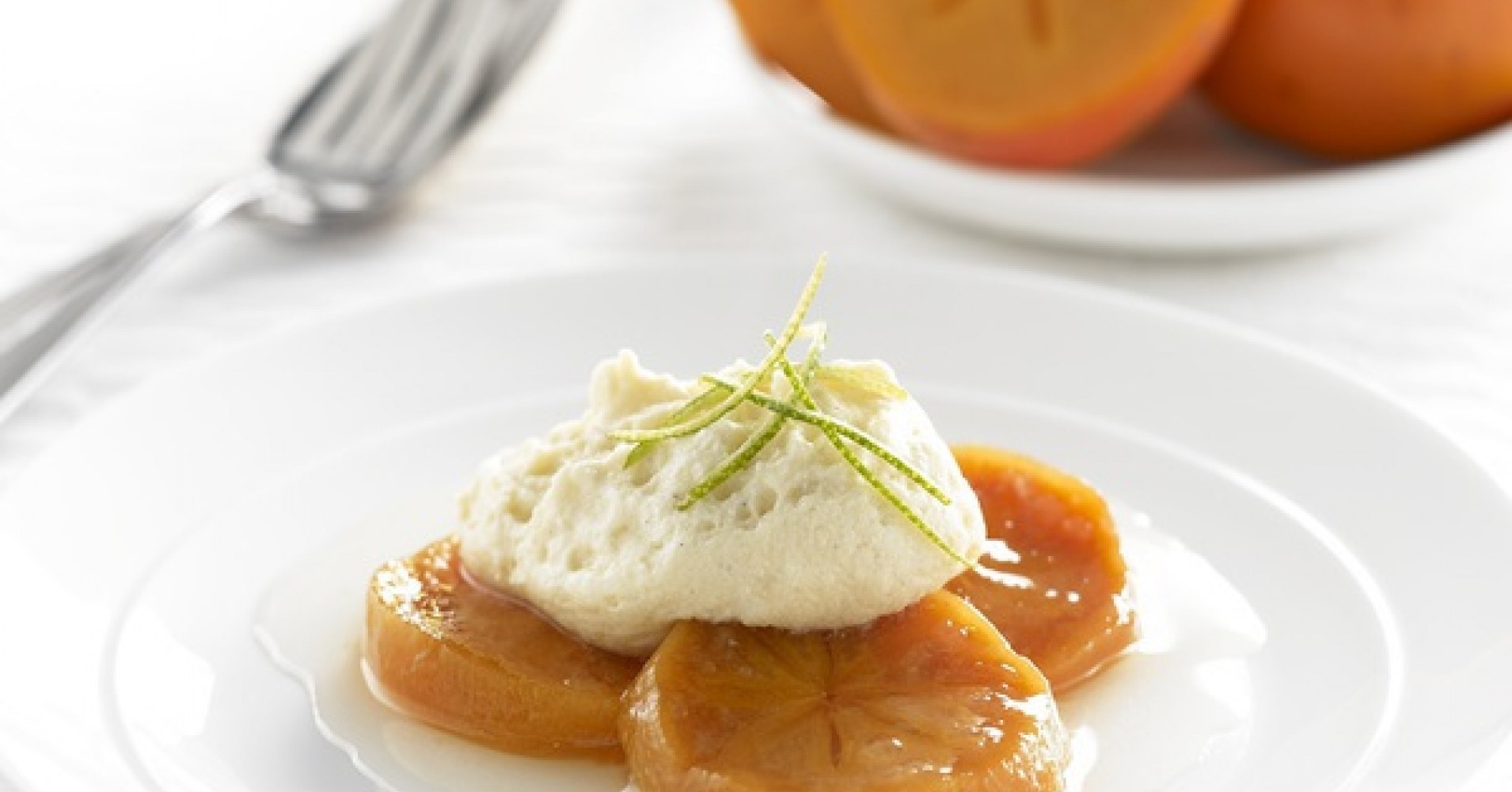 Lime poached persimmons with white chocolate mousse Recipe | myfoodbook