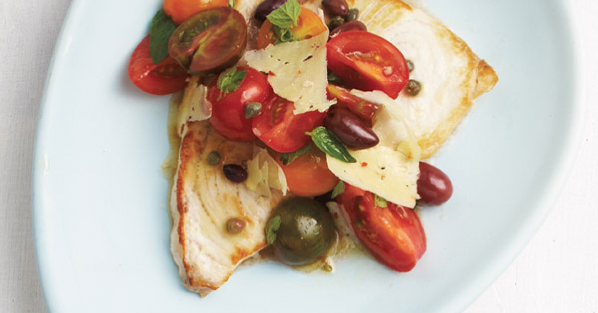 Swordfish with Sicilian Tomato, Olive and Chilli Pecorino Salad Recipe | myfoodbook