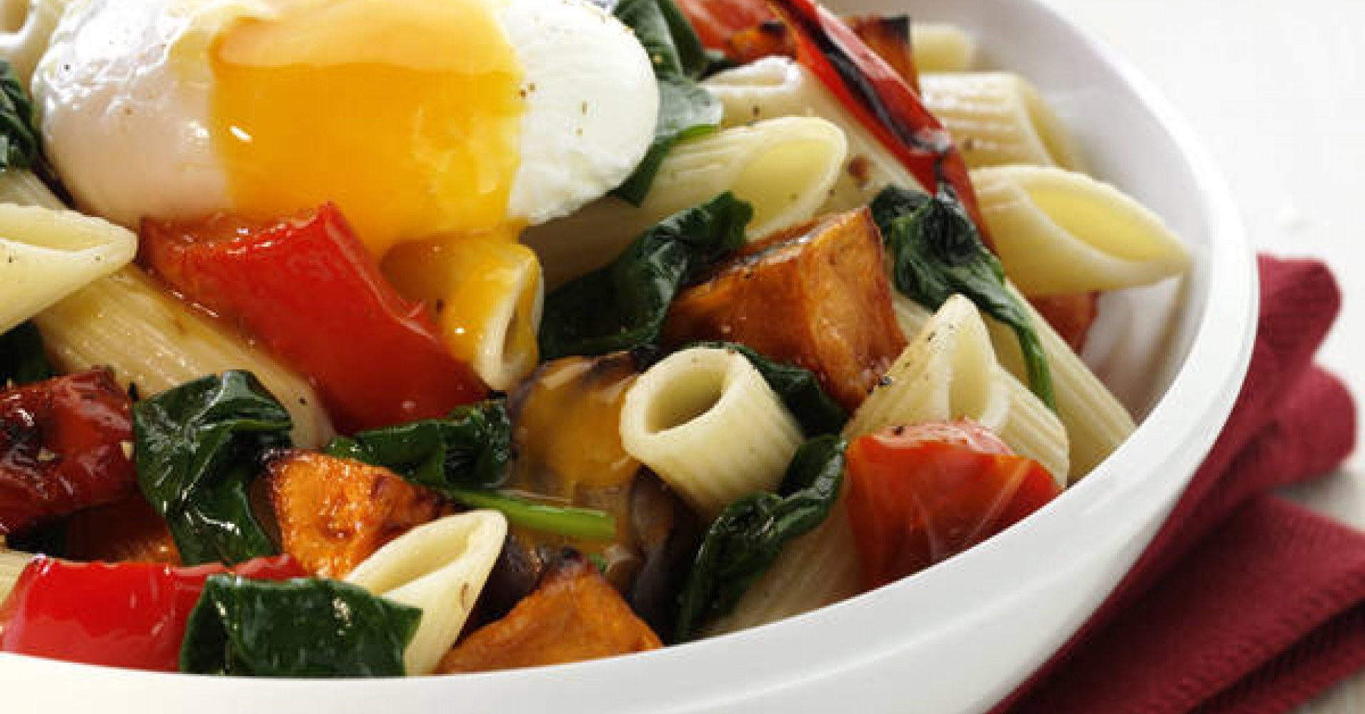 Pasta with Roasted Vegetables & Poached Egg Recipe | myfoodbook