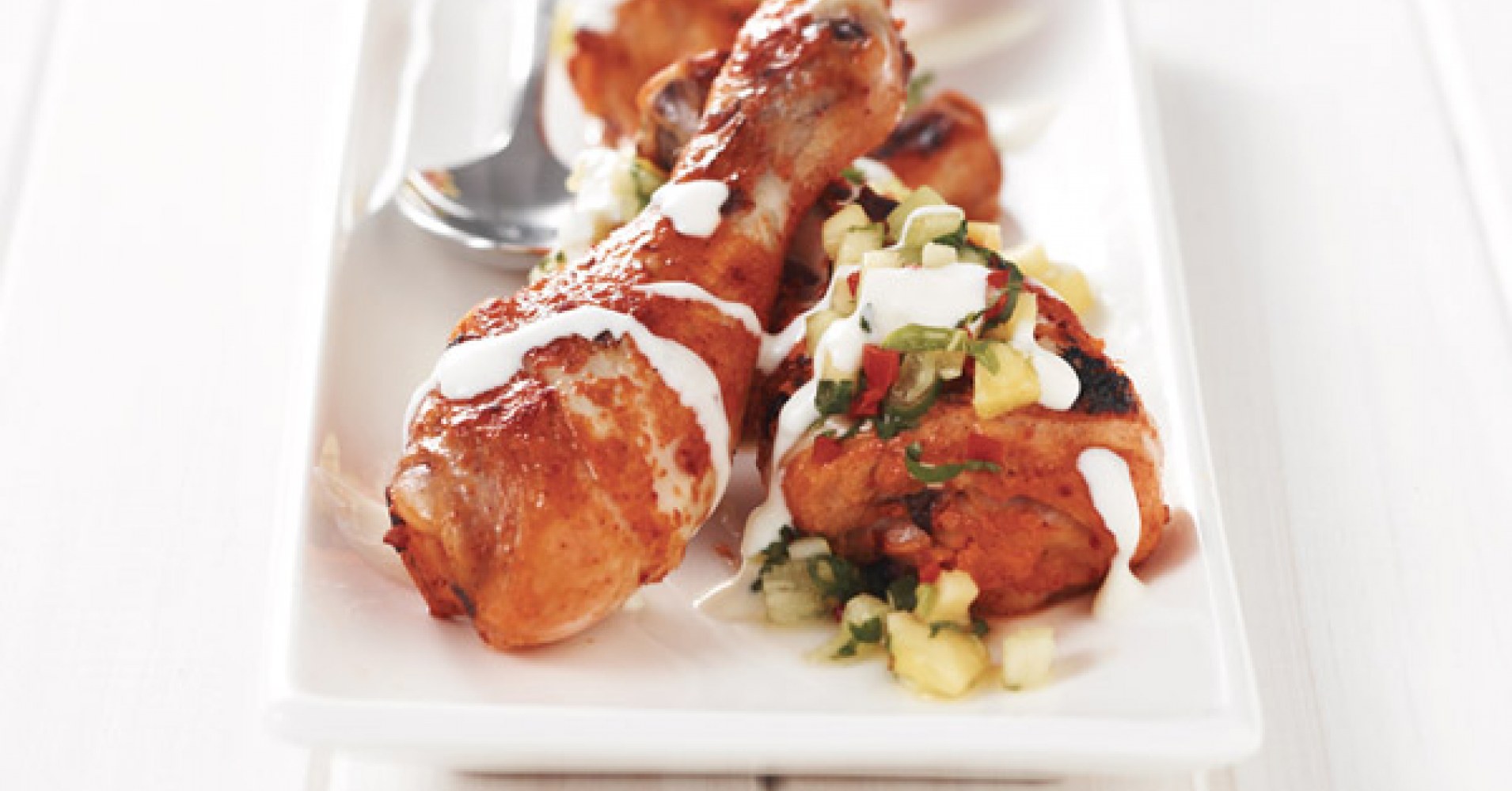 Tandoori Chicken Drumsticks with Honeydew, Pineapple and Mint Salsa Recipe | myfoodbook