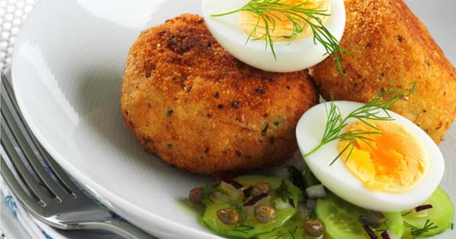 Smoked Trout Patties with Soft Boiled Egg and Cucumber, Dill and Caper Salad Recipe | myfoodbook | H