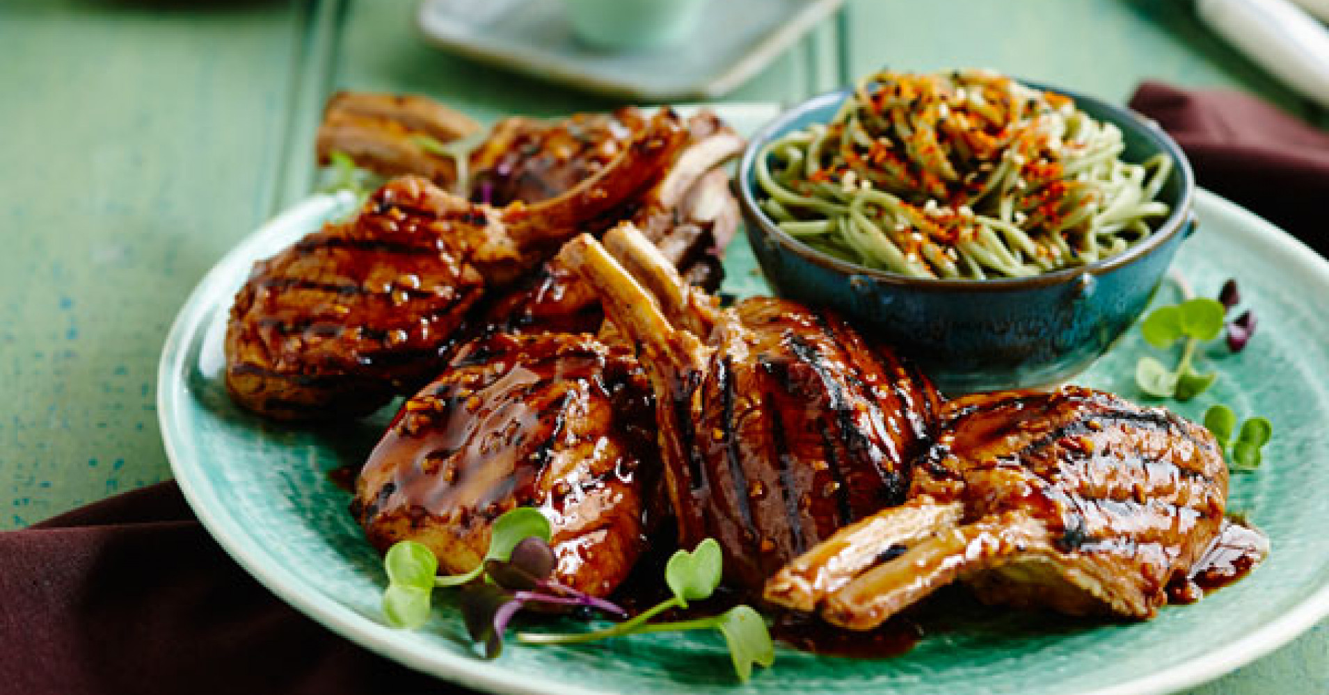 Soy and Garlic Marinated Lamb with Green Tea Noodles Recipe | myfoodbook | Kikkoman soy sauce recipe