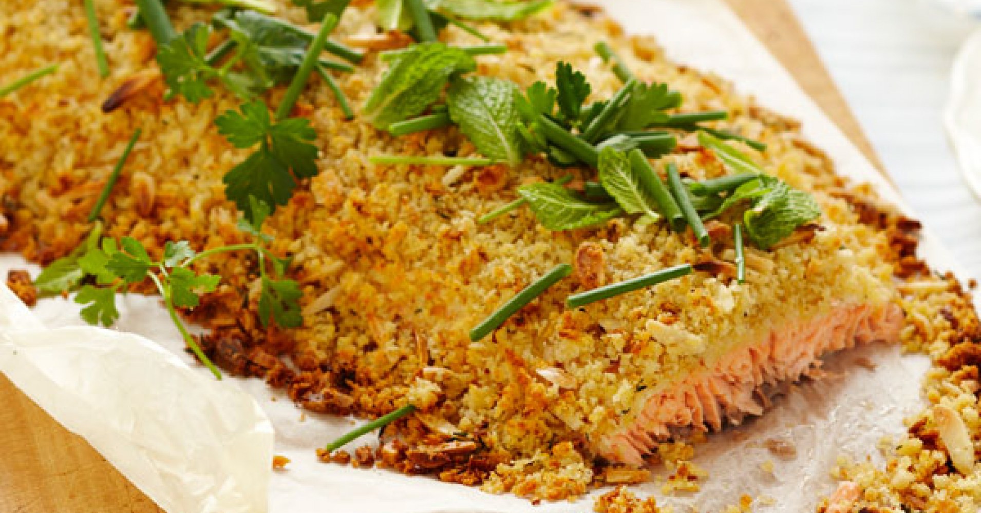 Whole Atlantic Salmon Fillet with Almond, Thyme and Lemon Crust Recipe | myfoodbook | Make a cookboo