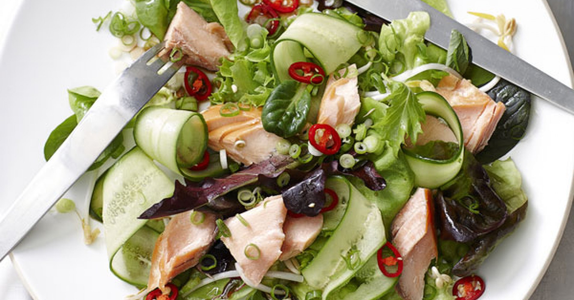 Hot Smoked Salmon Mixed Leaf Salad with Sweet Soy Dressing Recipe | myfoodbook