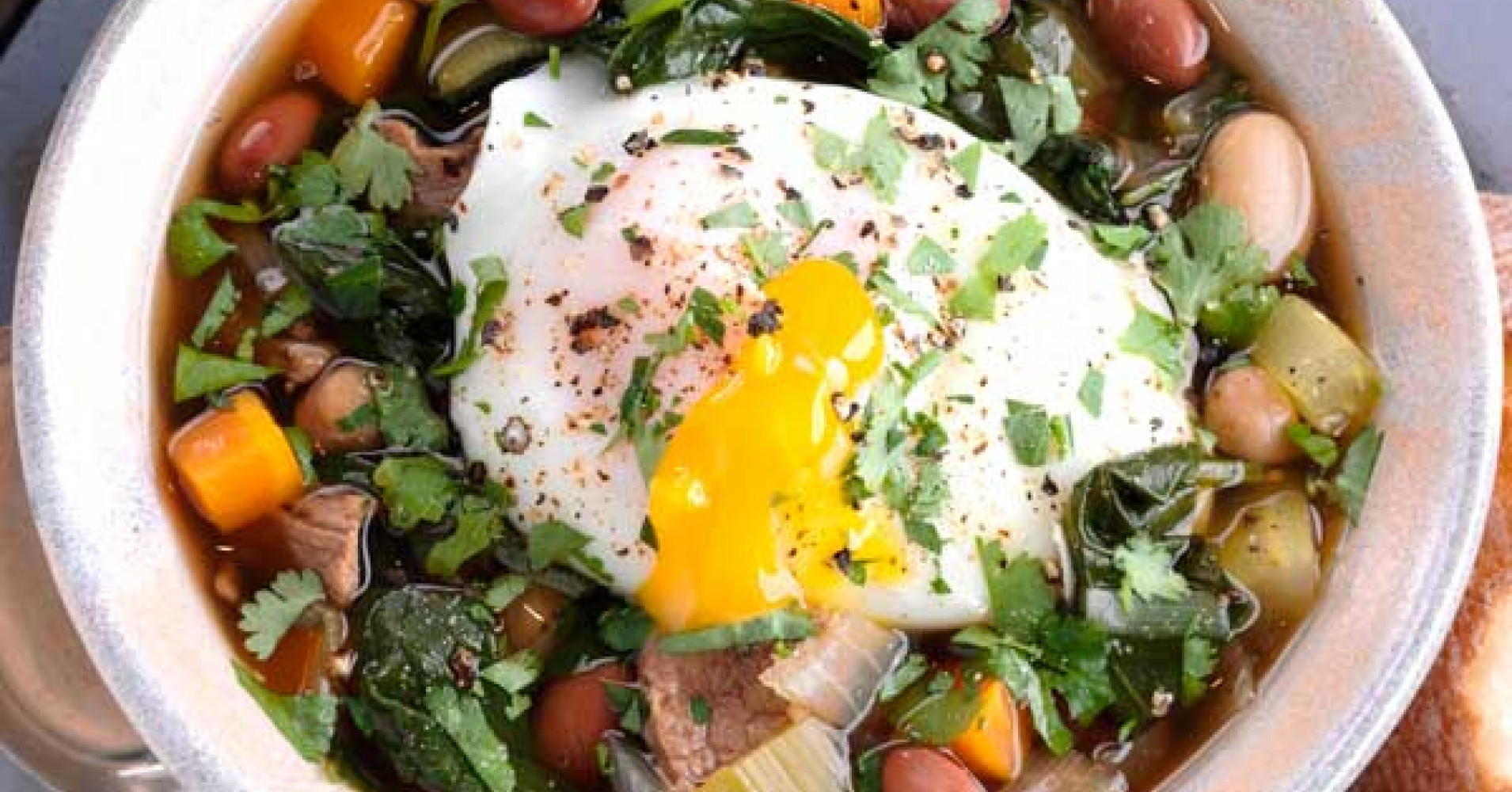 Beef, Mixed Bean and Spinach Soup with Poached Egg Recipe | myfoodbook