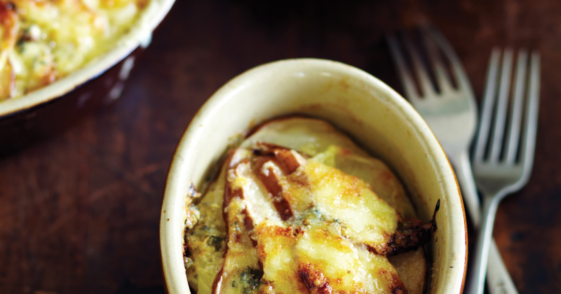Gratin of Potato, Beurre Bosc Pear and Blue Cheese with a Wild Rocket