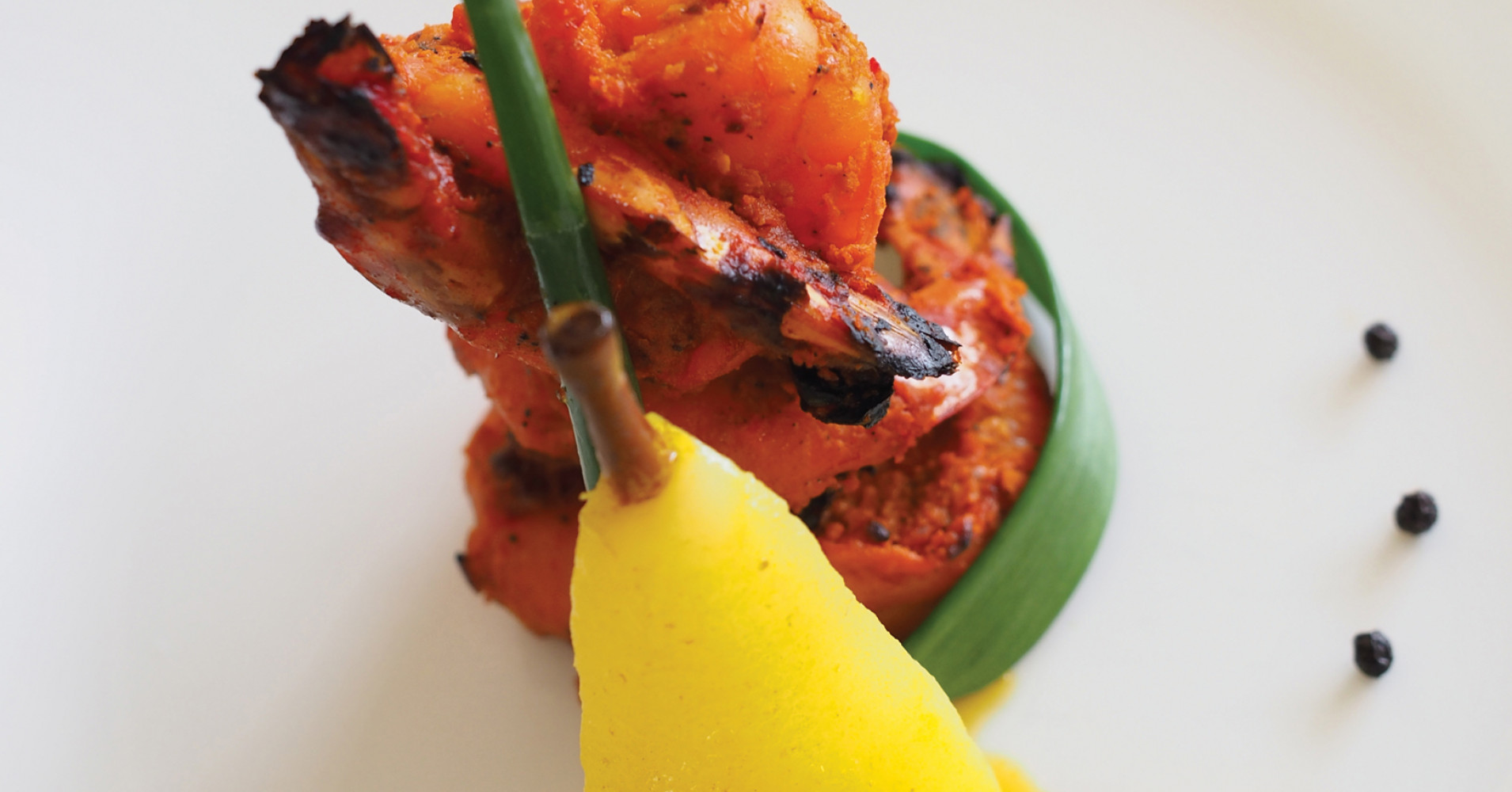 Tandoori Prawns with Saffron and Cardamom Poached Pears Recipe | myfoodbook