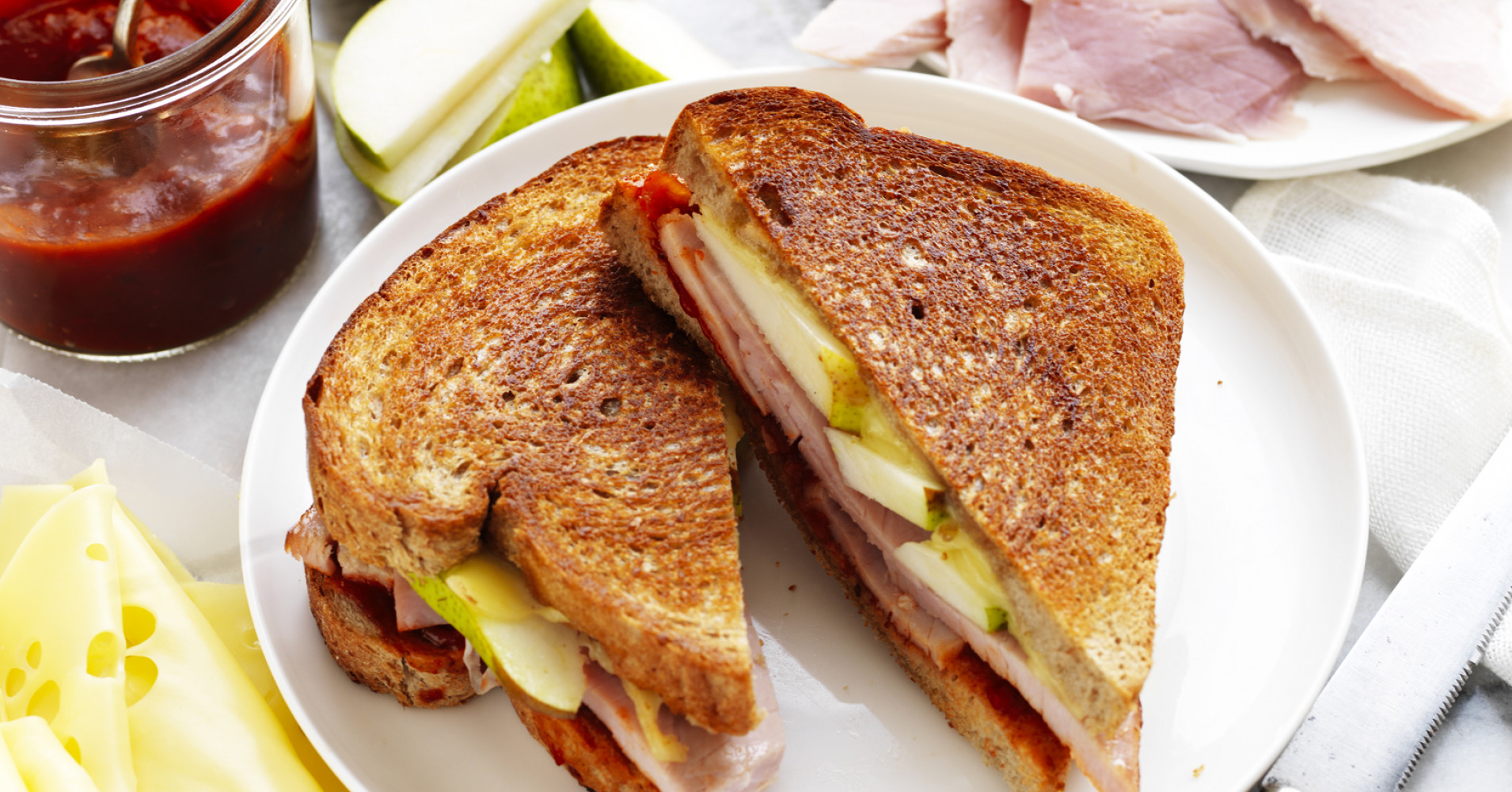 Chutney, Leg Ham, Pear and Swiss Cheese Toasties Recipe | myfoodbook | Toasted sandwich recipe