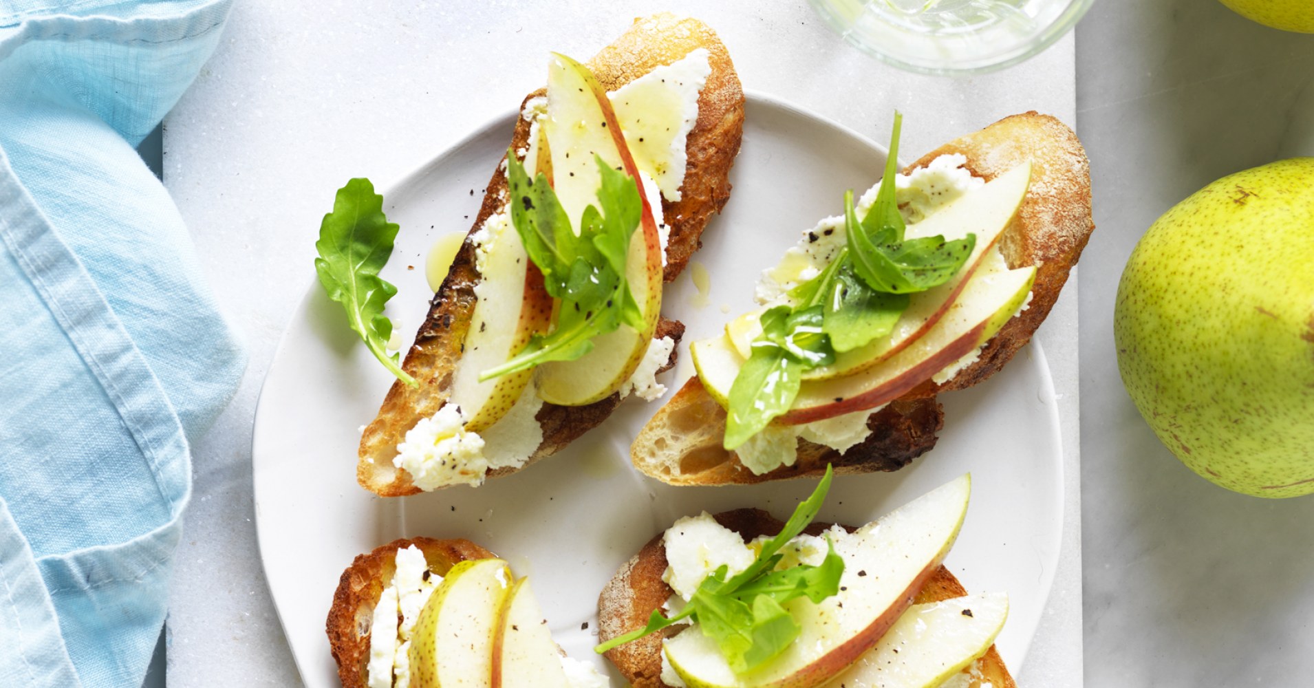 Toasted French Baguette Slices with Ricotta, Pear and Rocket Recipe | myfoodbook | Healthy party app