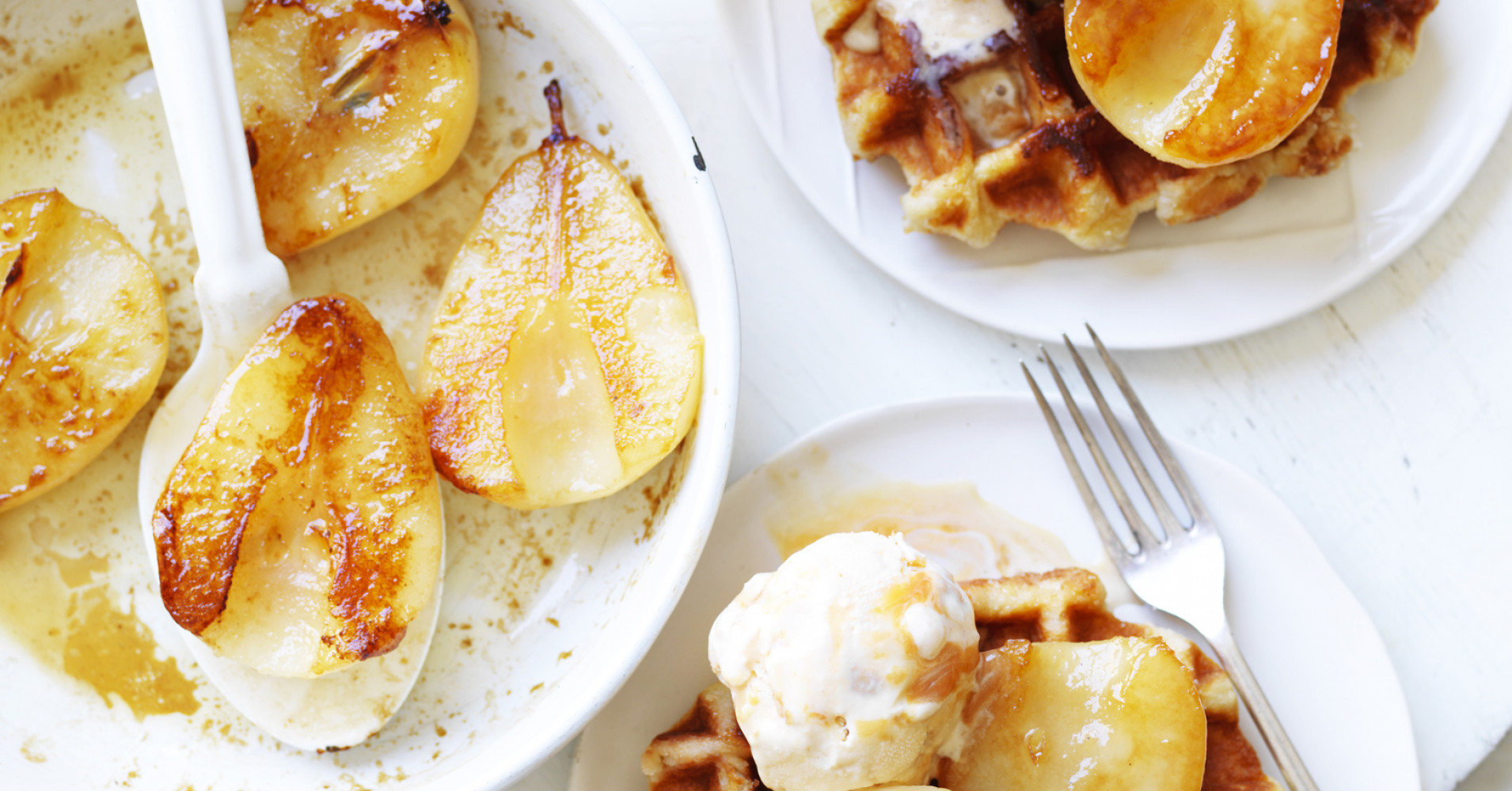 Waffles with Caramel Ice Cream and Pears Recipe | myfoodbook | How to make waffles with ice cream
