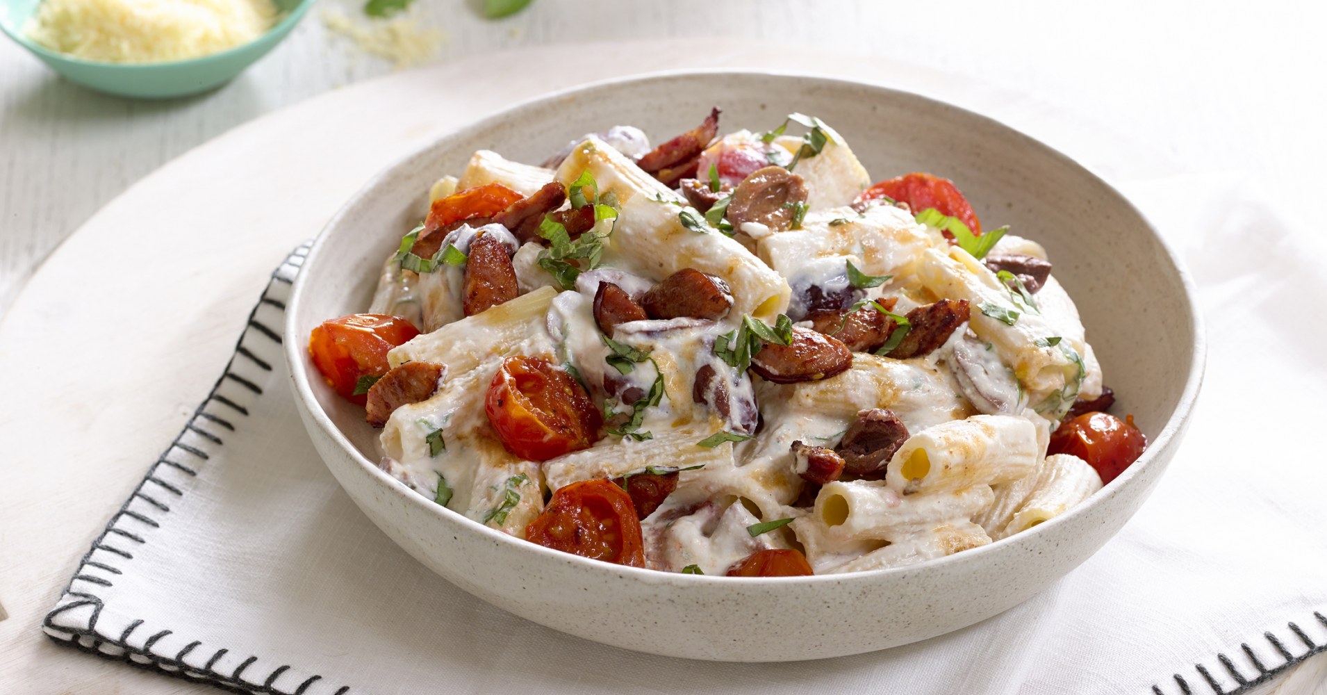Creamy Chorizo, Olive, Basil and Tomato Rigatoni Recipe | myfoodbook