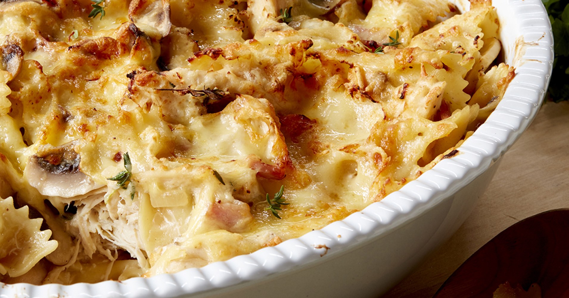 lemon-chicken-bacon-and-mushroom-farfalle-bake-recipe-myfoodbook