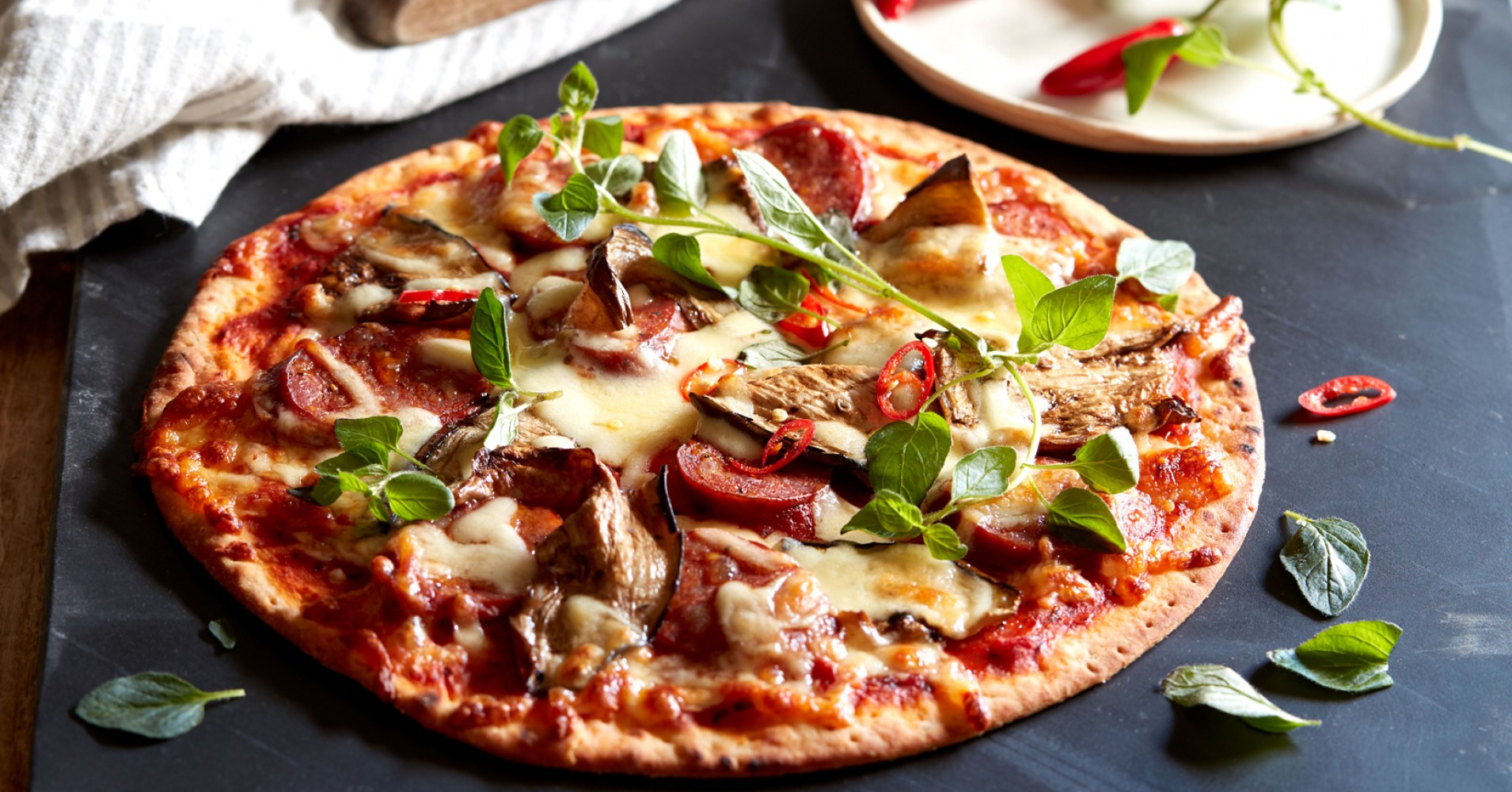 Chorizo, Chargrilled Eggplant and Basil Pizza Recipe | myfoodbook