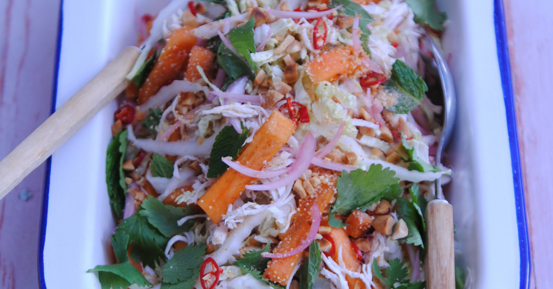 Poached Chicken Salad with Sweet Persimmon and Somtan Dressing Recipe | myfoodbook