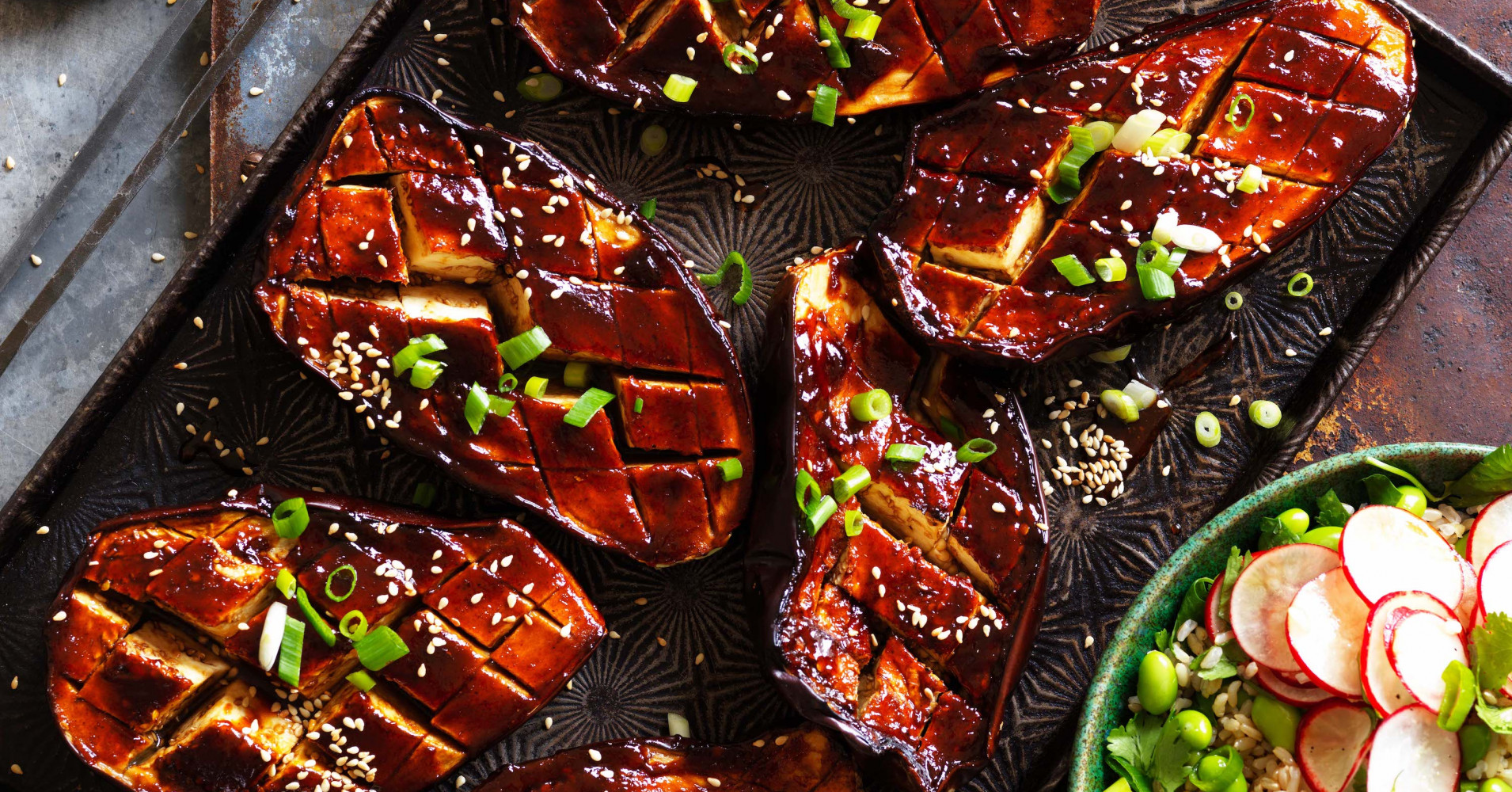 Glazed Teriyaki Eggplant with Edamame Rice Salad