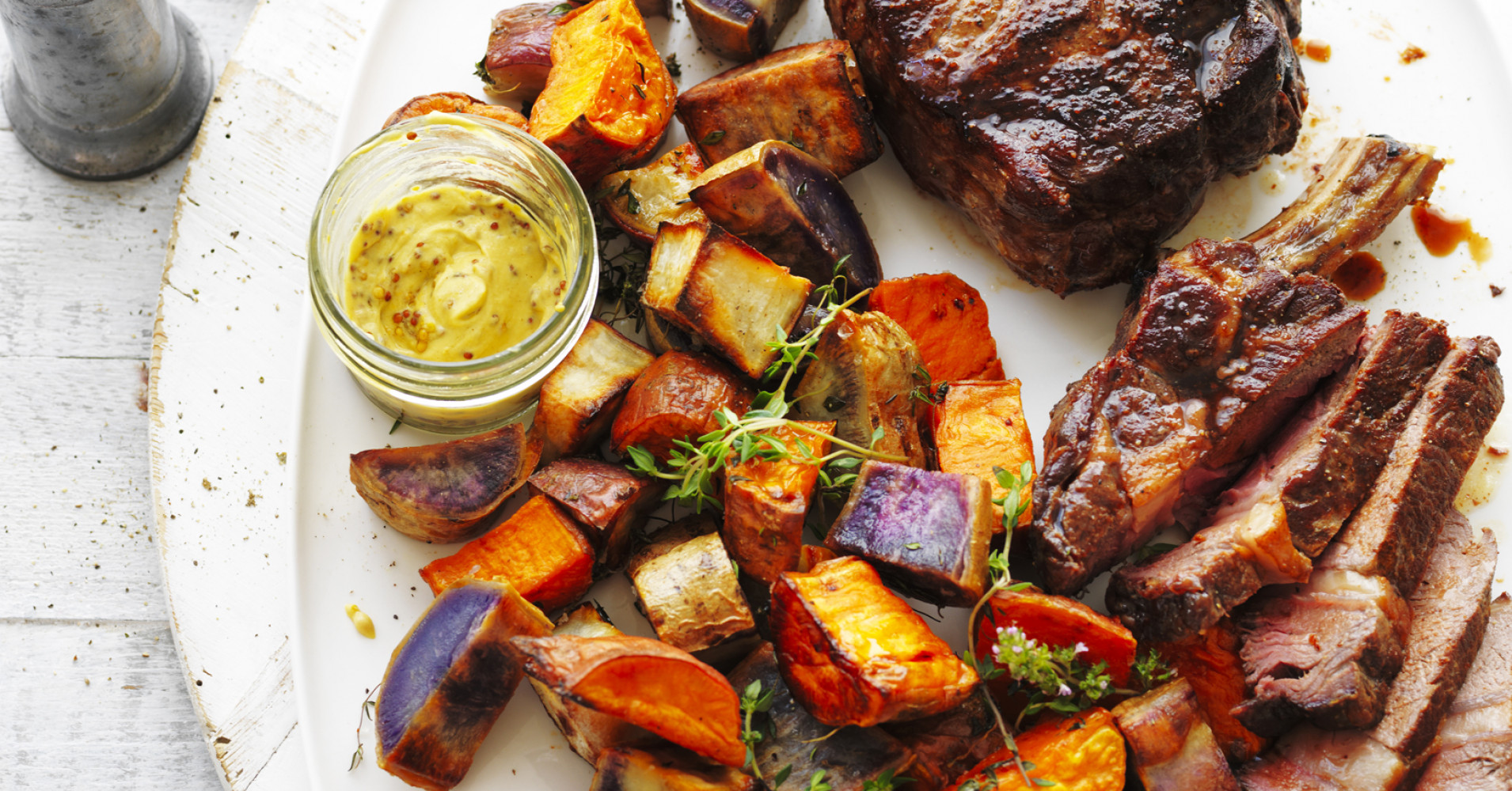 Roast Sweet Potato Medley with Rib-Eye Steak